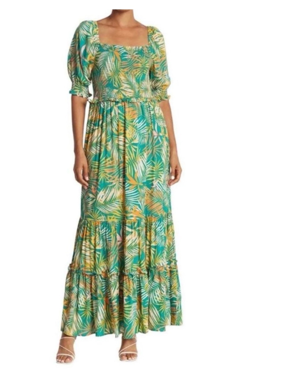 Betsey Johnson Palm Leaf Print Tropical Smocked Tiered Maxi Dress - M
